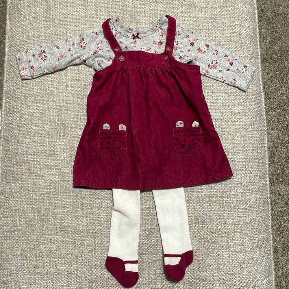Carter’s baby girl 3 piece coordinating set corduroy dress tights shirt 6m